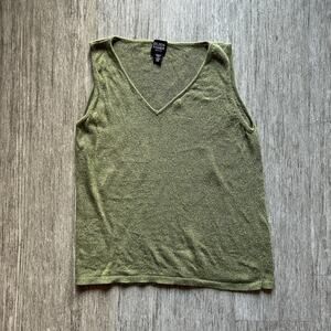 Eileen Fisher Olive Green Linen/Cotton Blend V-Neck Sleeveless Sweater Size MP